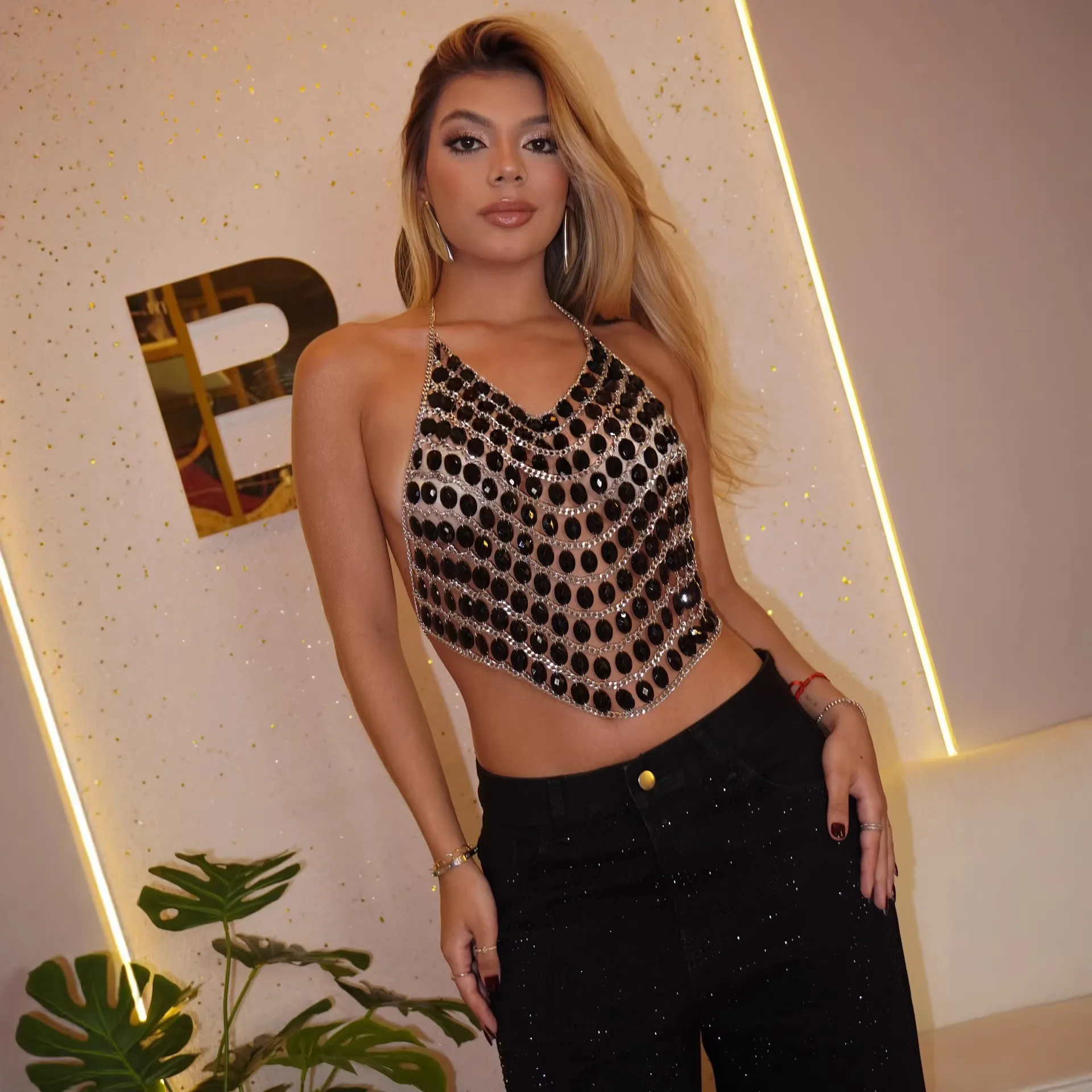 Classic Black Rhonestone Hollow Out Crochet Crop Tops Bikini Bra Chain Sexy Backless Vest Tank Dance Party Crystal Body Jewelry