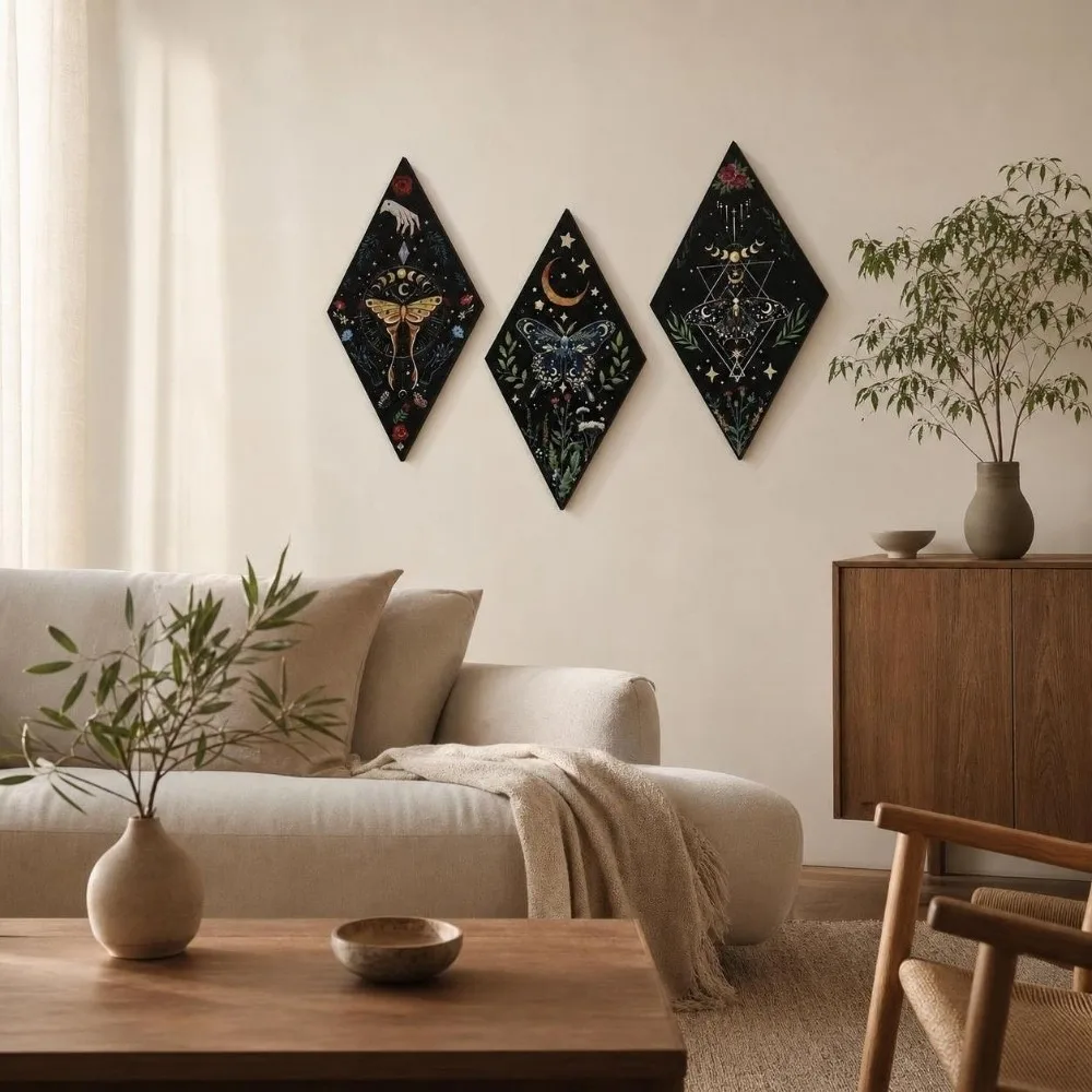 Ornaments Sun Moon Wooden Wall Decor Flower Dark Style Butterfly Wall Decor Boho Rhomboid Shape Wall Mounted Board Gothic Style