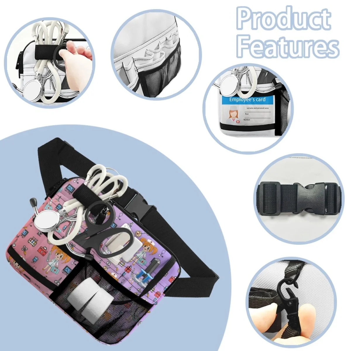 Multi Compartimento Utilitário Belt Pouch, Enfermeira cintura Bag, Sacos de ferramentas de enfermagem, Caso para trabalho hospitalar, Equipamento médico, Imprimir Fanny Pack