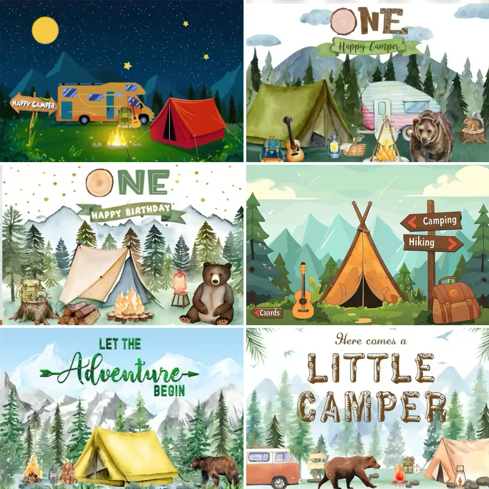 

Halo Adventure Outdoor Travel Camping Theme Cartoon Brown Bear Forest Tent Children Adult Birthday Party Party Party Background