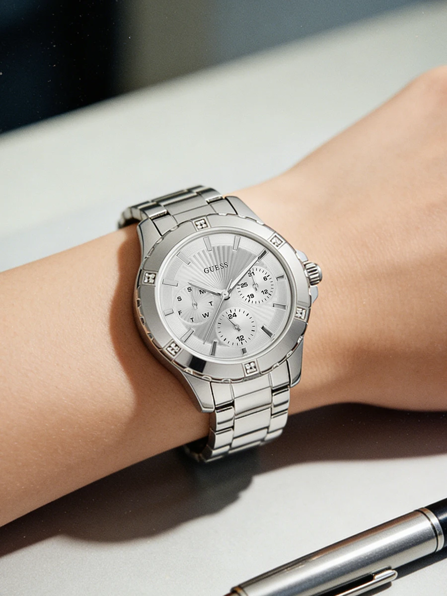 Guess Women’s Mist Quartz Watch, 35mm Silver Stainless Steel Case, Minimalist Silver Dial, Steel Bracelet 50M Water  W0443L1