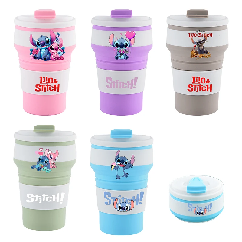 

Lilo & Stitch Food-Grade Silicone Folding Cup with Lid, Reusable Portable Coffee Cup, Hot Drink ,Suitable for Travel and Camping