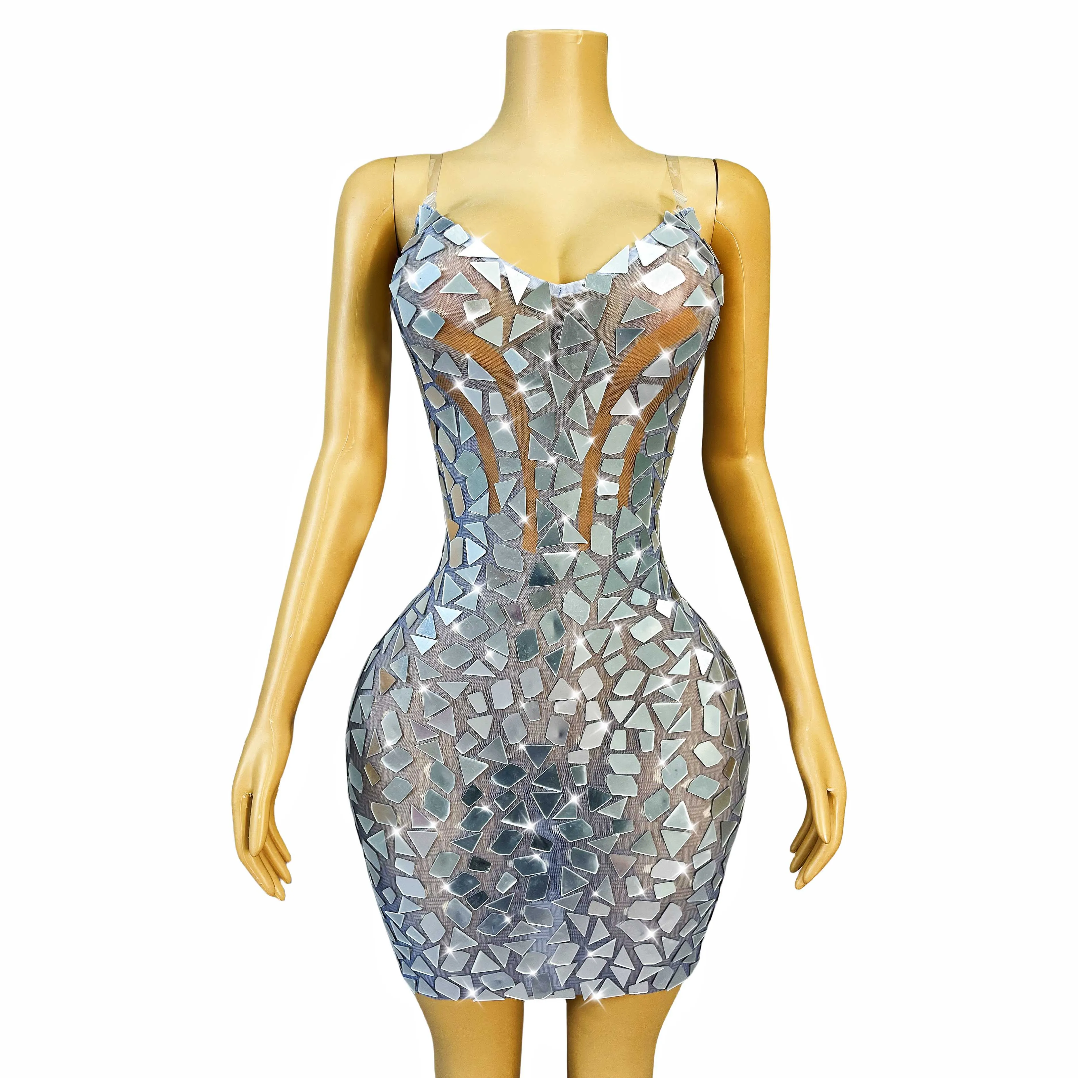 

Elegant Silver Shiny Mirrors Party Gown Suspenders Mesh Dress Women Birthday Evening Outfits Fashion Show Stage Costume Suijingz