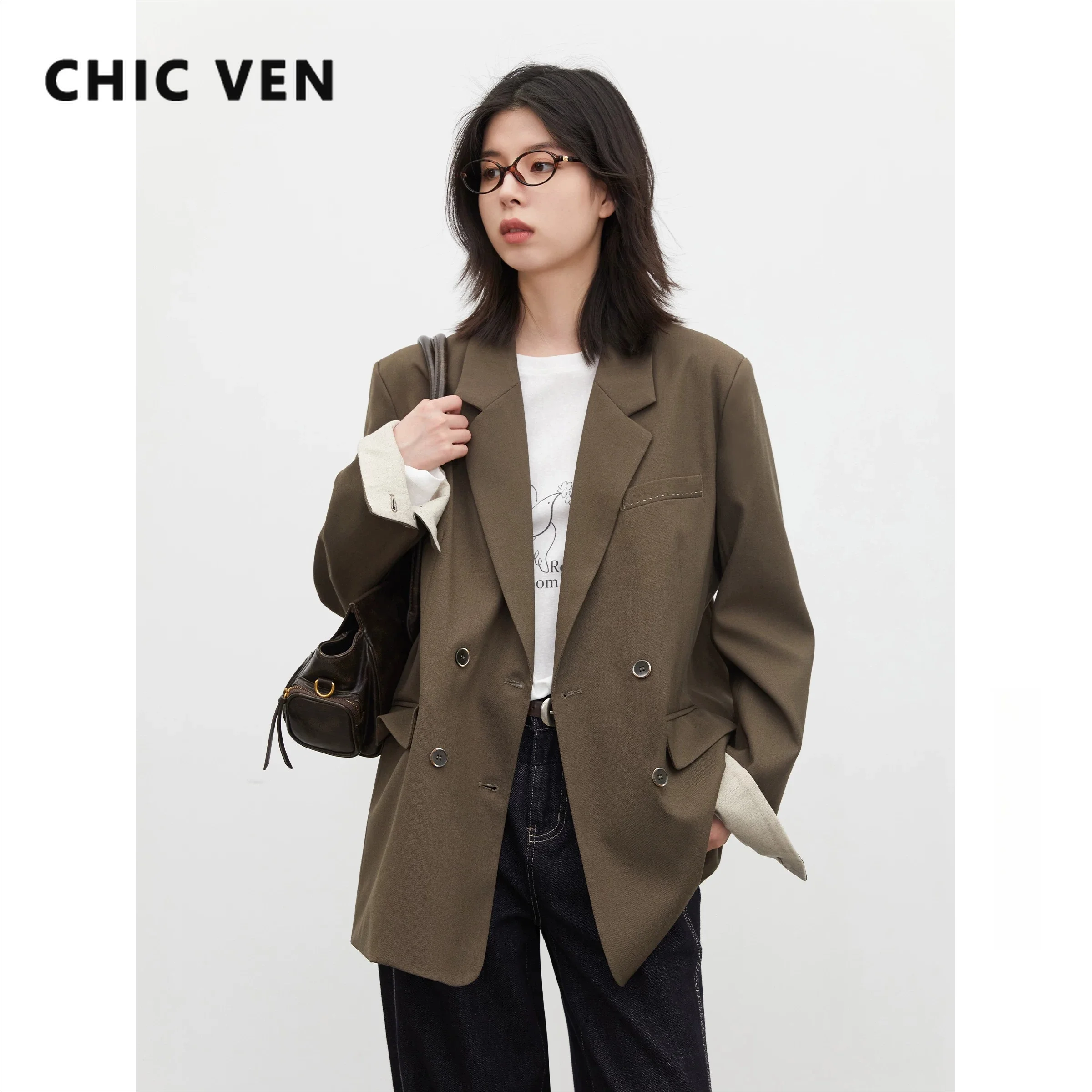 CHIC VEN New Women Blazers Loose Casual Retro Double Breasted Female Suit Jacket Plus Size Spring Autumn 2026 Outerwear