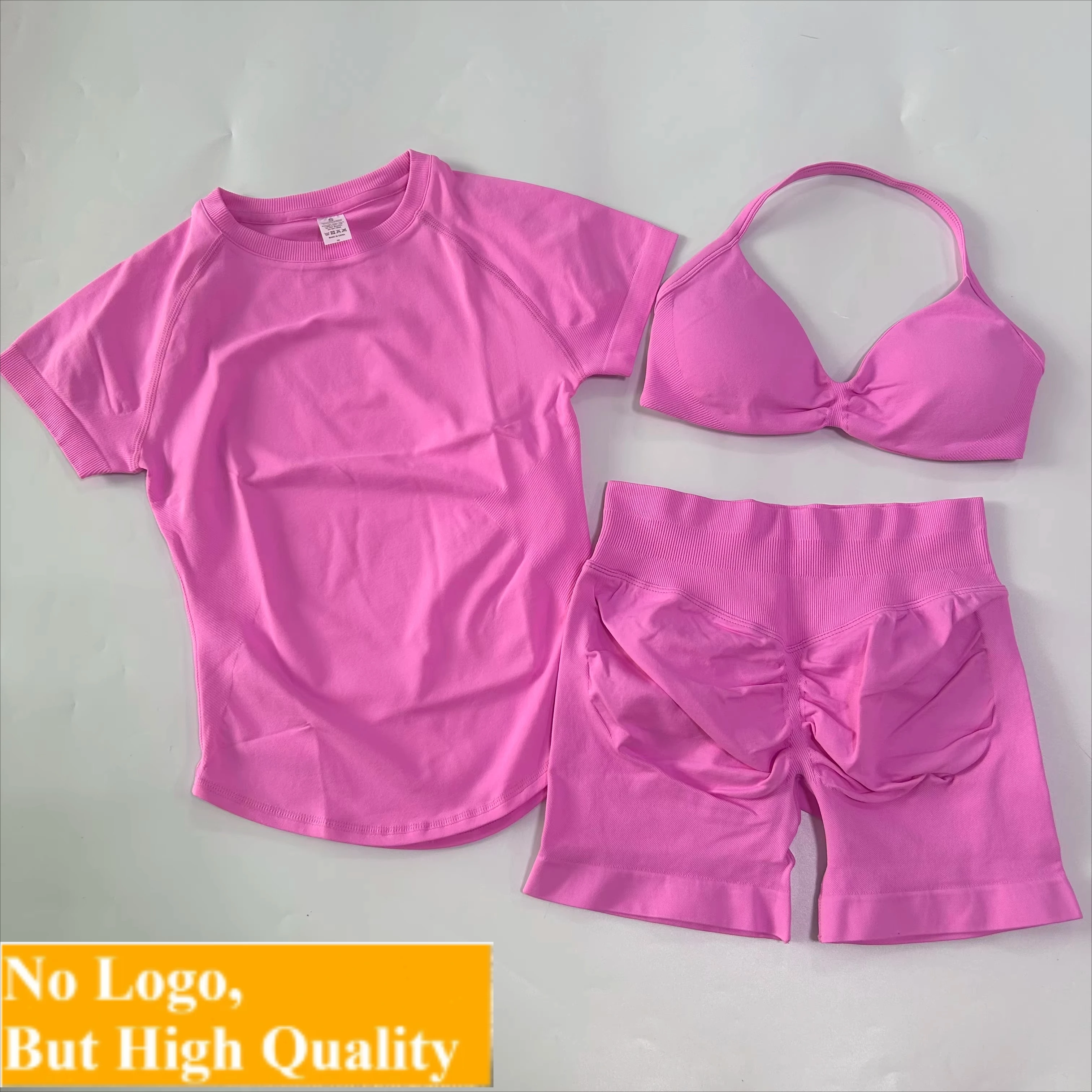 NO LOGO 3-pc Gym Set Women Strappy Yoga Bra + Longline Short Sleeve Sports Top +hip lift Workout Shorts Sports Seamless Yoga Set