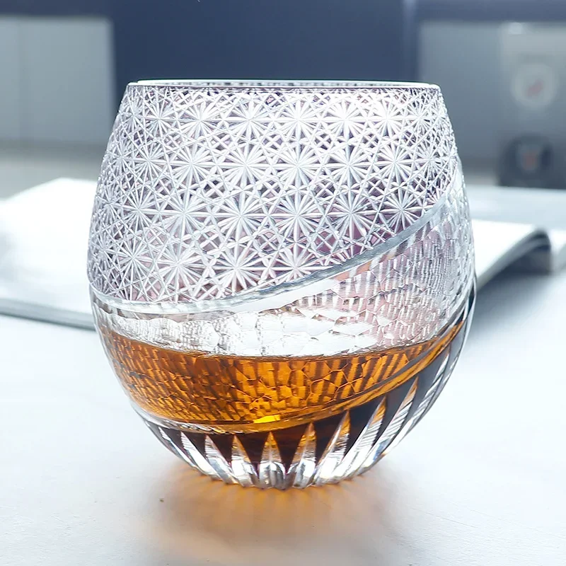 Hand-blown hand-carved pure Japanese Edo cut whiskey glass Lockman dancing egg