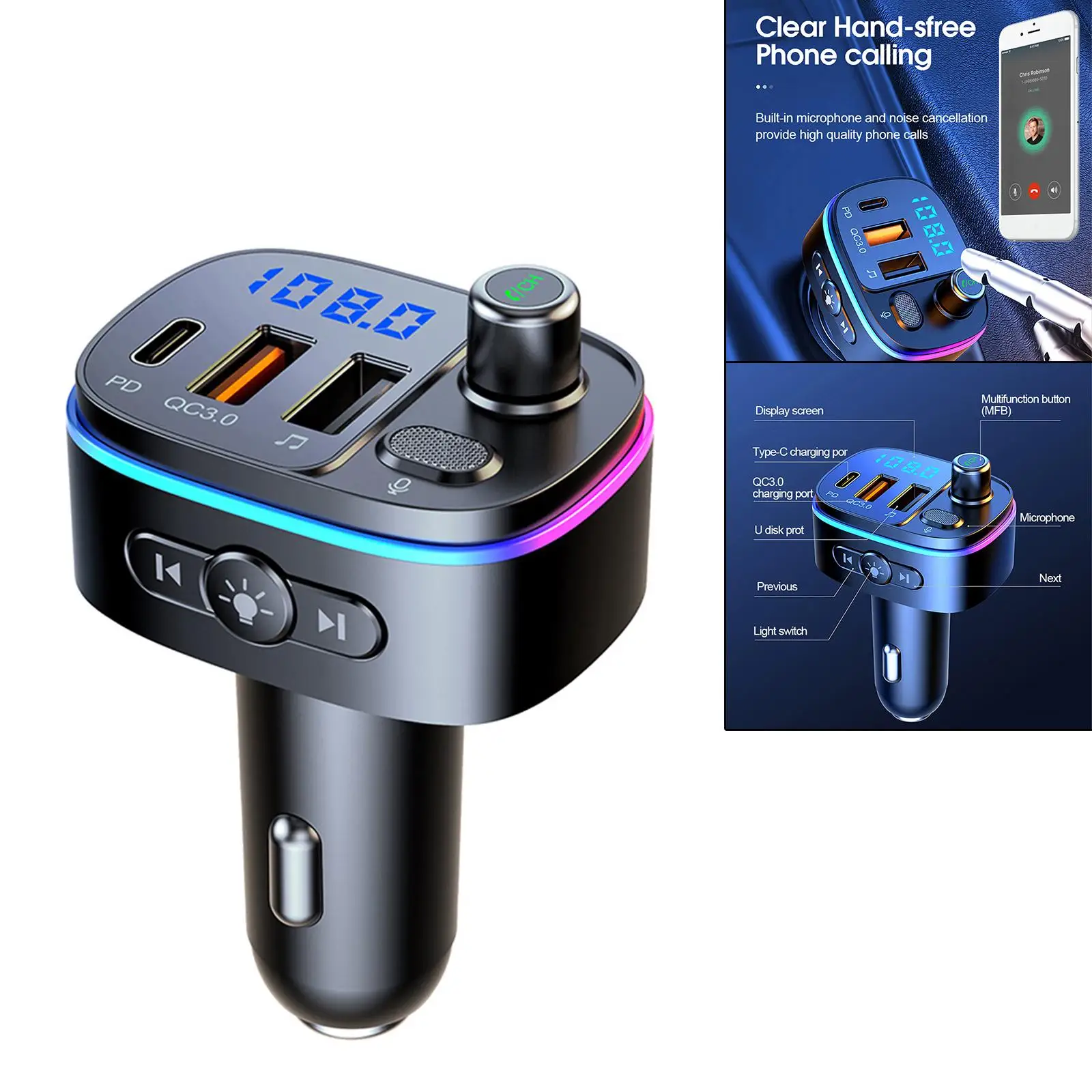 Car Bluetooth V5.0 3.1A Quick Support TF Card,7 Colors Led Backlight