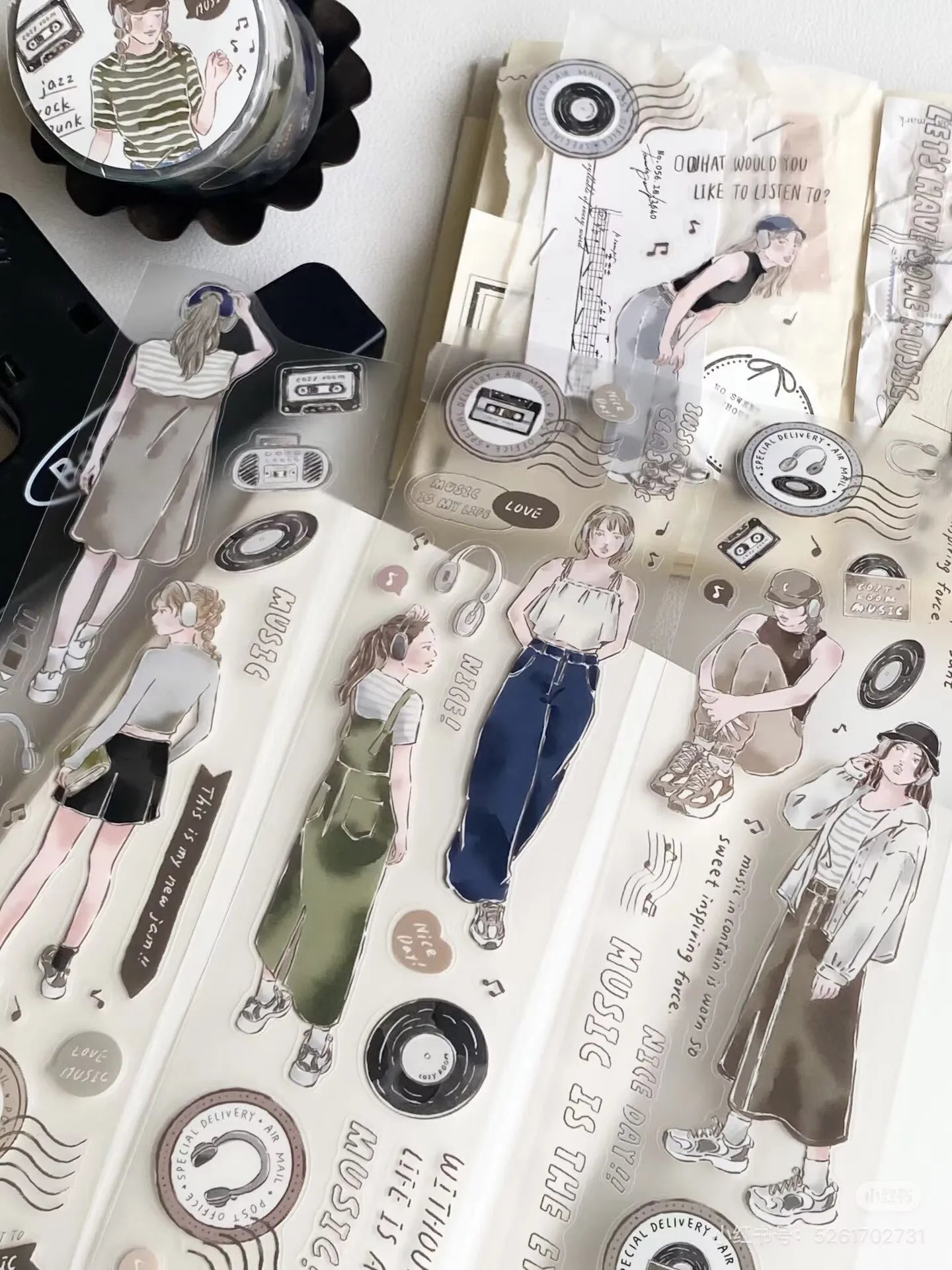 Cozy Room Studio Vintage Listening Music Girl Washi Tape Planner DIY Card Making Scrapbooking Plan Decorative Sticker