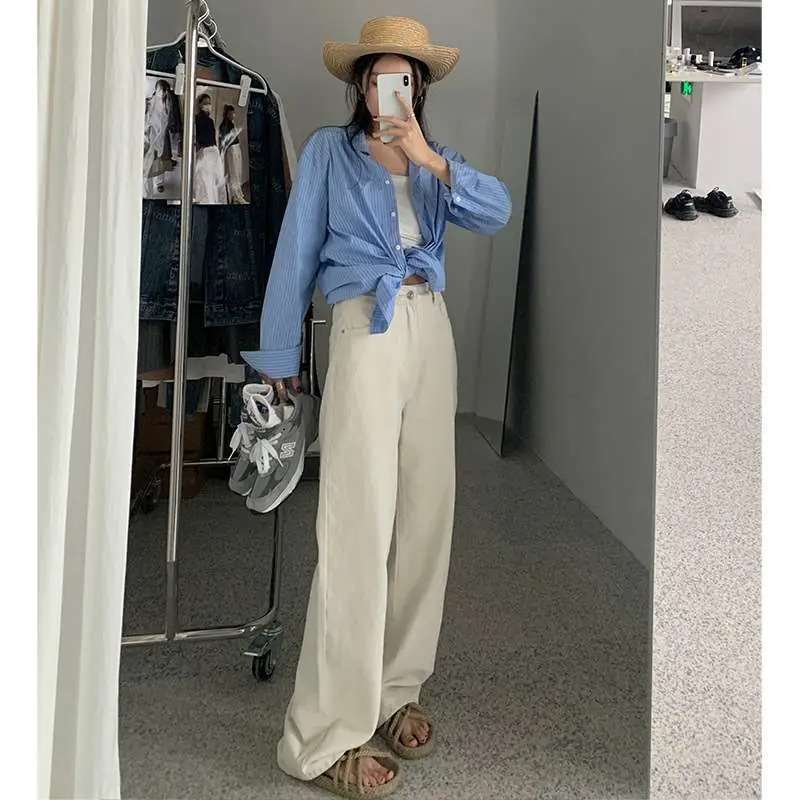 

Без тонкого образа, высокие повседневные свободные прямые брюки с высокой талией, весенние широкие джинсы из искусственной кожи для женщин среднего возраста