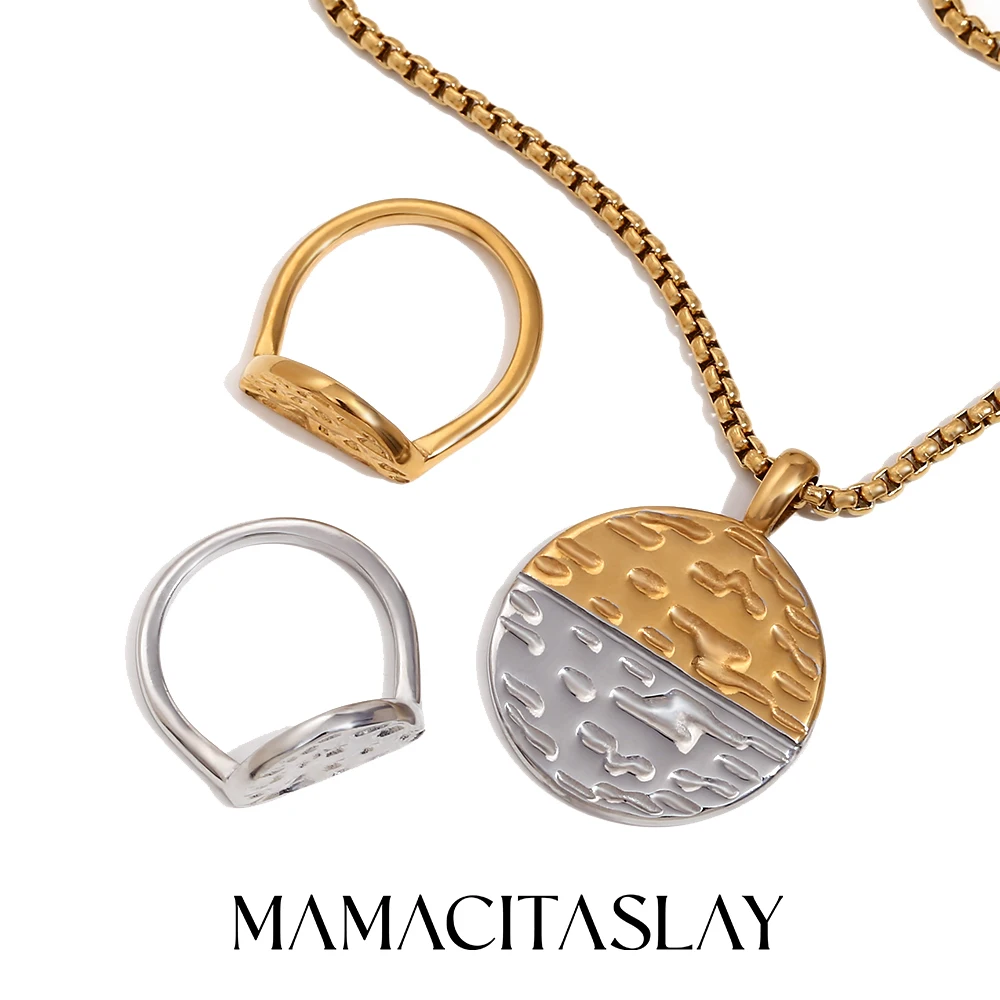 

MamacitaSlay Half Plated Half Silver Color Pendant Necklaces Women's Waterproof 2PCS Rings Stainless Steel 2025 Trend Jewelry