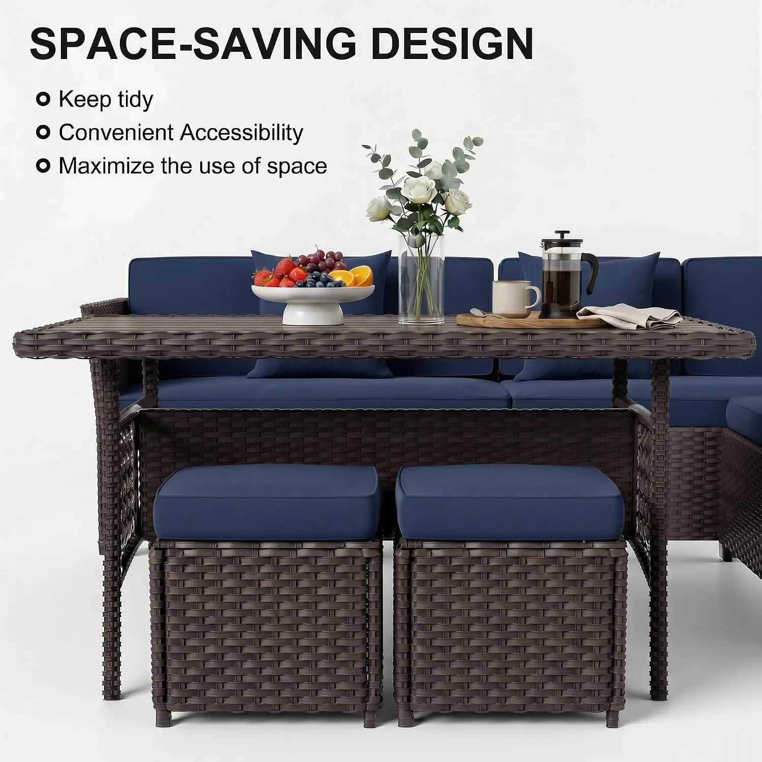 Wicker Patio Furniture Set 7-Piece Outdoor Conversation Dining Table Chair Ottoman, Customized