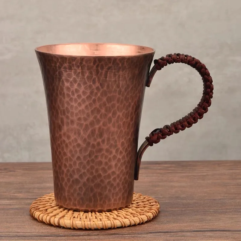 Handcrafted Coffee Cup ,Retro Pure Copper Hammer Beer Mug,Weave Handle Thickened Water Breakfast Cup,for Home Drinkware,300ml