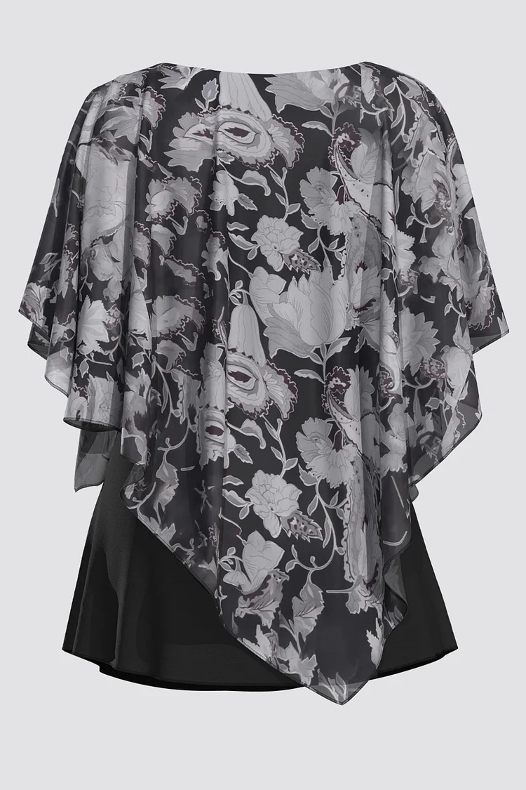 Flycurvy Plus Size Dressy Black Floral Print Ruffle Batwing Cape Sleeve Layered Blouse Round Neck Tops