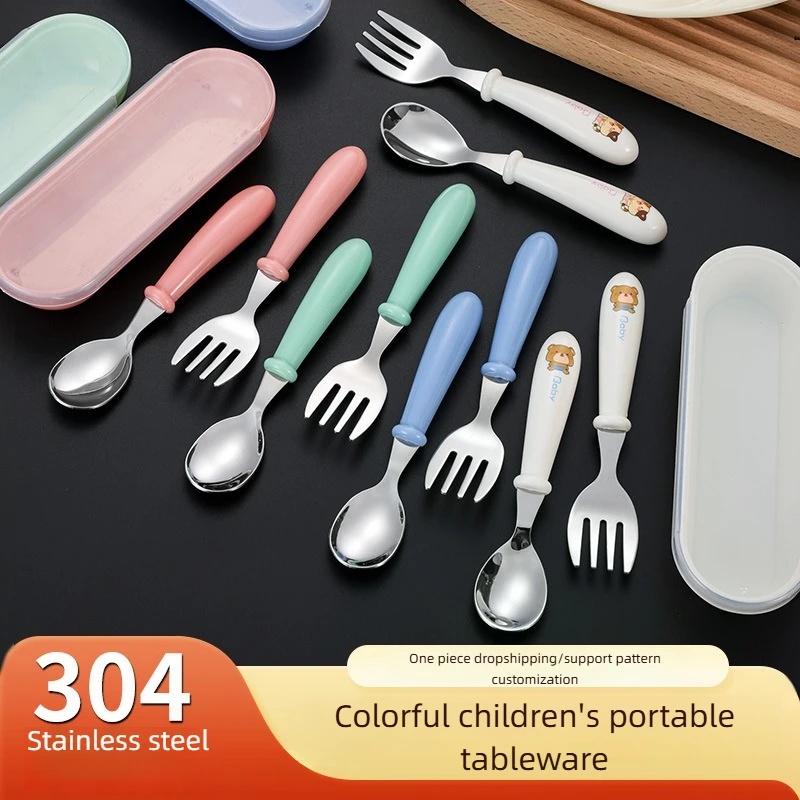 

304 Stainless Steel Children's Spoon And Fork Set Student Baby Feeding Tableware Baby Eating Portable Box