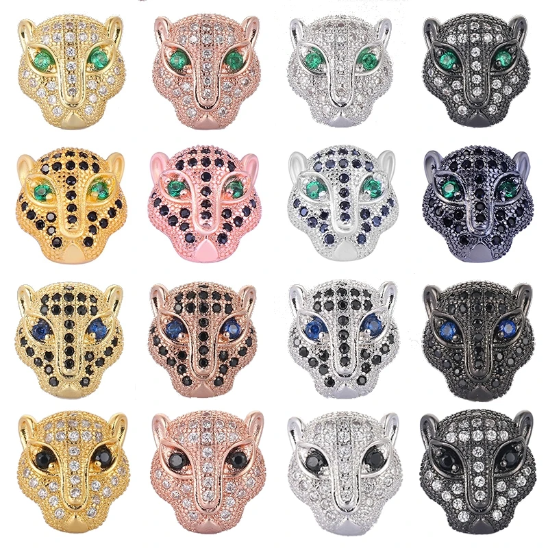 Juya 4 Pcs/Lot Handmade Cz Paved Blue Eyes Leopard Head Charm Beads For DIY Needlework Natural Stones Beadwork Jewelry Making