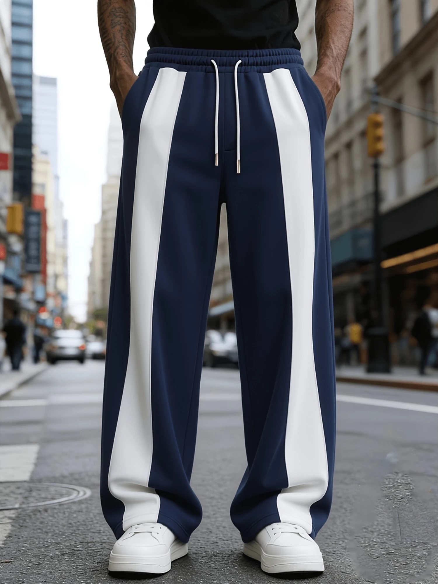 2026 Men Navy White Vertical Color BlockSweatpants Contrast Large Side Panel Elastic Waist Loose Casual Streetwear Trousers Kids