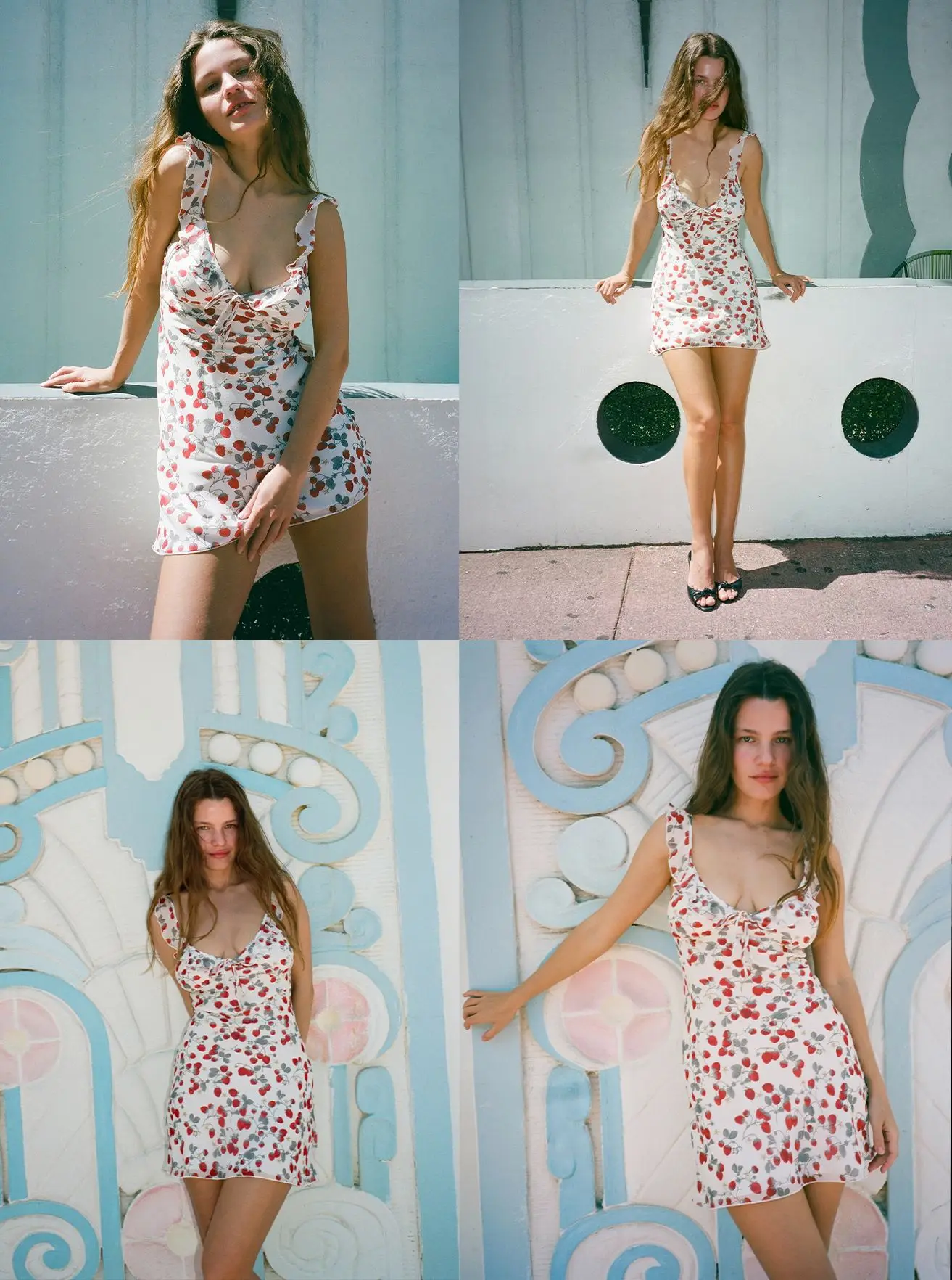 Soffio di fragole · Abito francese romantico in georgette di seta con foglie di loto lungo e corto