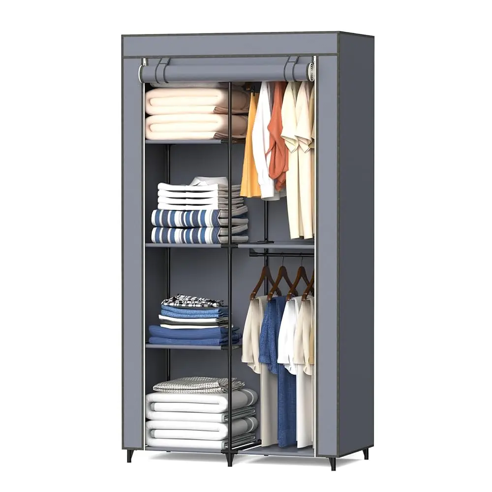 

Portable Closet, Wardrobe Closet With 6 Storage Shelves And 2 Hanging Rods, Non-Woven Fabric Cover, 34.6 X 17.7 X 66.1 Hes
