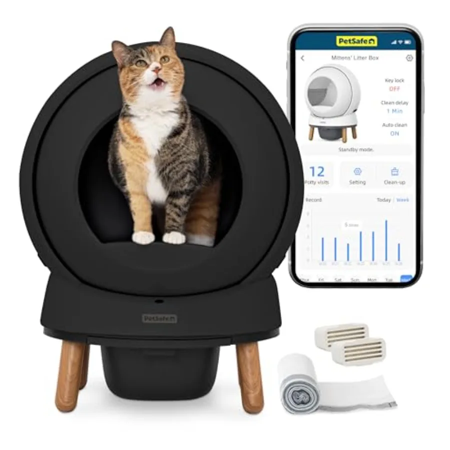 

Умный самоочищающийся кошачий туалет ScoopFree SmartSpin черного цвета с улучшенным контролем запаха, управлением через приложение и мониторингом здоровья, совместимый с [номером модели/брендом]