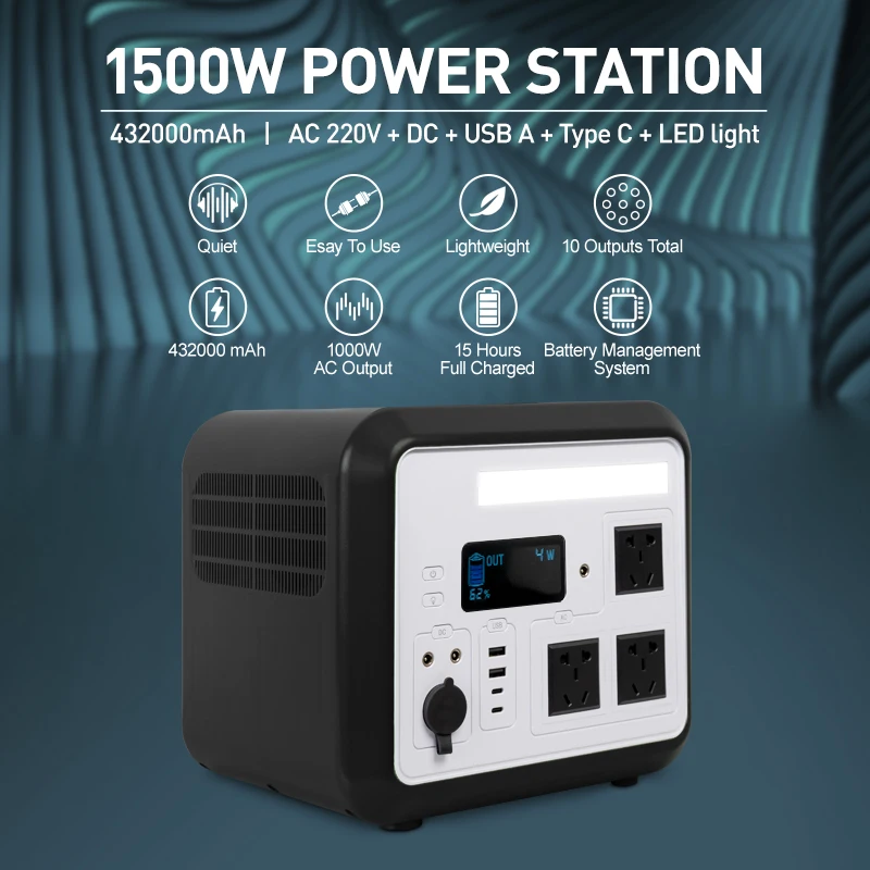 

1500W Portable Power Station AC220V Socket Outdoor Emergency Energy Power Supply USB 432000mAh High Capacity For RV Van Camping