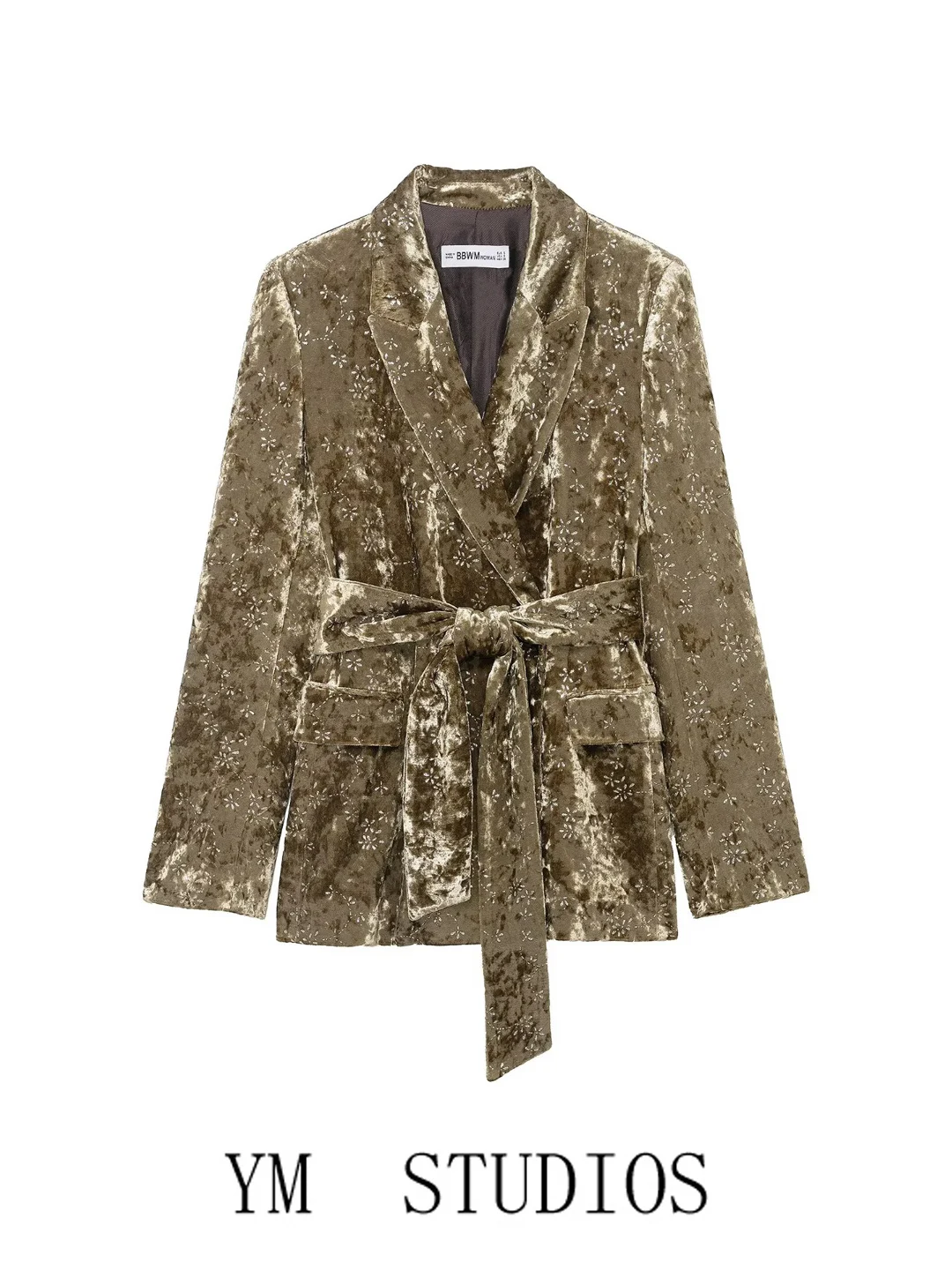 

Женский вельветовый костюм: пиджак с поясом, утягивающим талию, и брюки с манжетами в блестящих металлических цветах, с длинными рукавами, для делового повседневного стиля