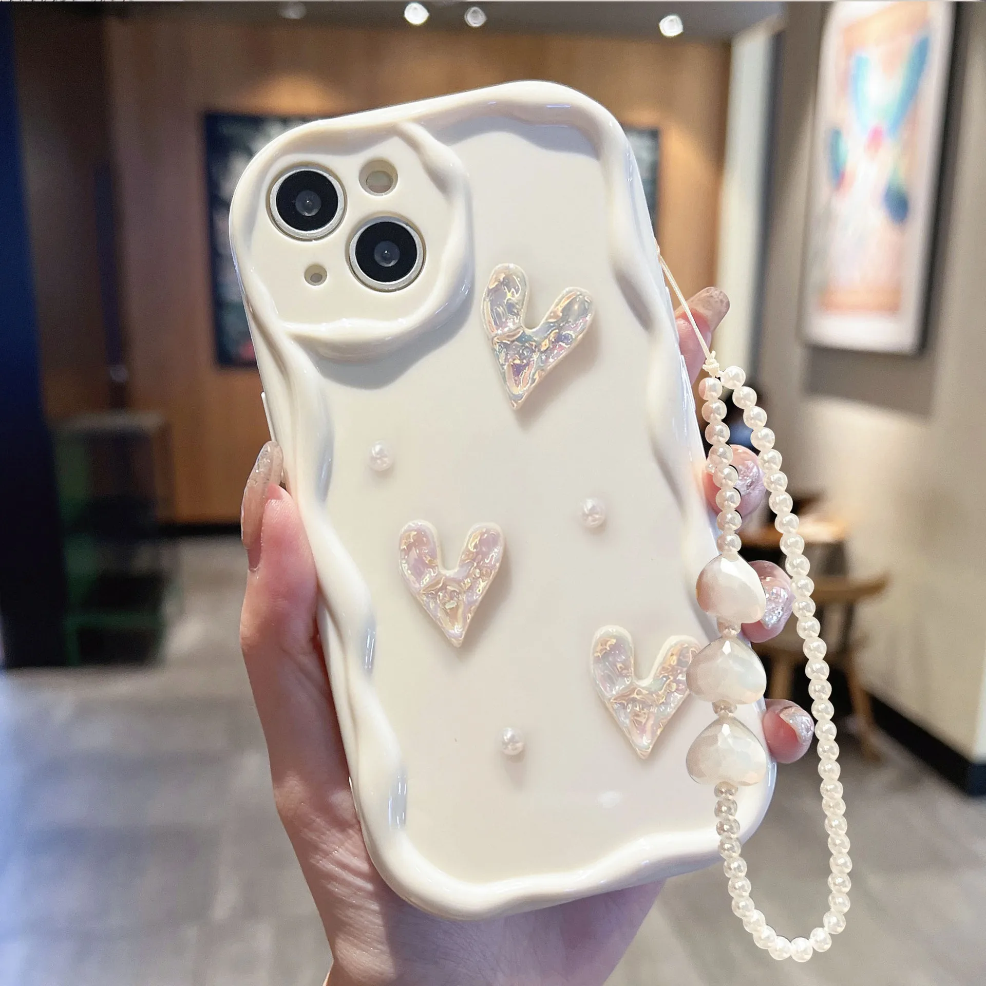 40PCS Gilr's Cute Love Heart Pearl Phone Case For iPhone 13/14/15/12/11/X/7/8,  Creative Wave Back Cover, Pearl Bracelet Case