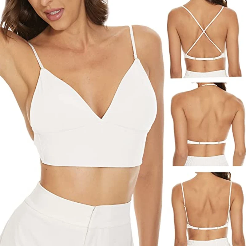Sexy Low Back Bra Vest Tops Ice Silk Suspenders Wirefree Back Free Camisoles Women Backless Crop Top Thin Bralette Lingerie