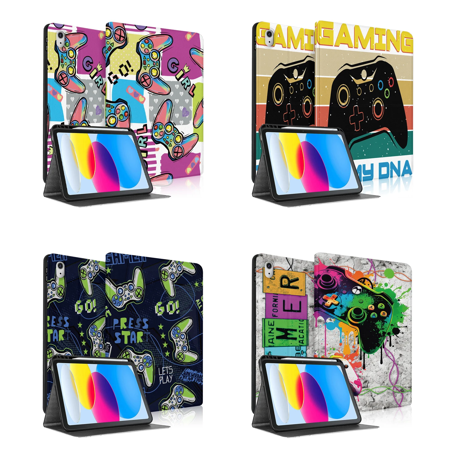 Video gamepad graffiti Foldable tpu protective Case for Apple iPad 10th 11th gen 3354 3355 2696 2757 tablet cover with Pen Holde