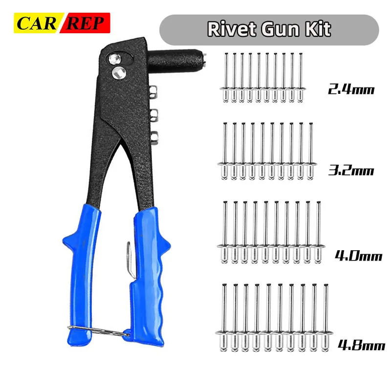 Rivet Gun Kit Heavy Duty Single Hand Manual Riveter 40 PCS Rivets 4 Interchangeable Heads 3/32 Inch 1/8 Inch 5/32 Inch 3/16 Inch