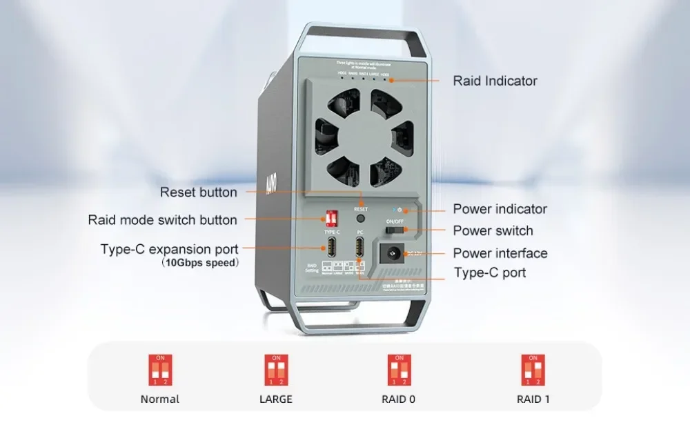 Maiwo 10 Gbit/s Dual Bay 3,5 Zoll externes Festplatten gehäuse mit 4 Raid intelligent temperatur gesteuert für 2.5/3,5 Zoll Festplatte – Detail 6