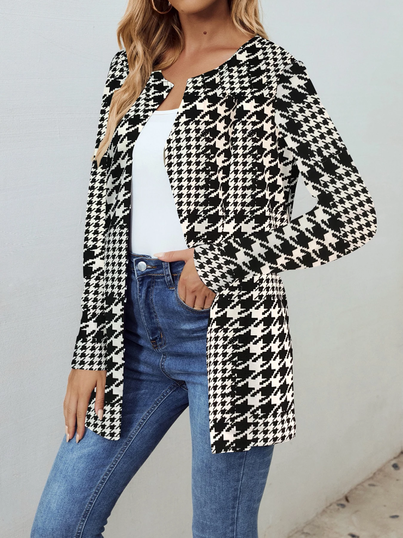 Houndstooth Printed Full Long Sleeve Outerwear Tos Women Casual O Neck Overcoats Ladies Basic Chic Long Coats