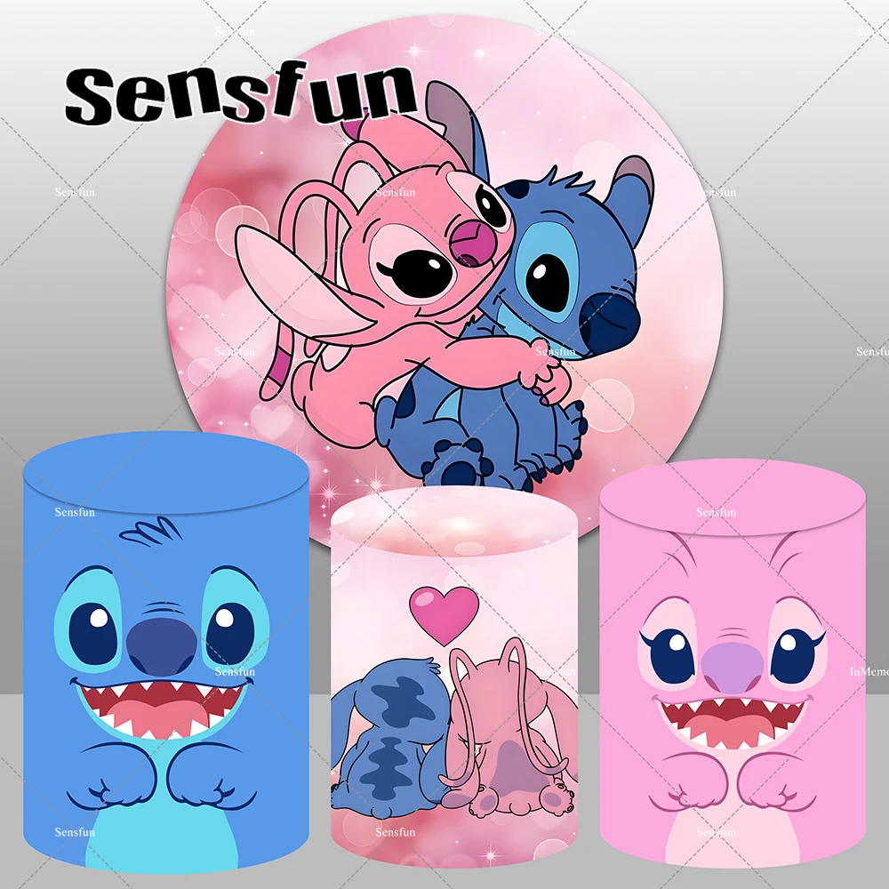 خلفية دائرية لطيفة على شكل ليلو وستيتش للتصوير الفوتوغرافي للفتيات باللون الأزرق والوردي يكشف عن الجنس وخلفيات حفلات أعياد الميلاد وأغطية طيدة