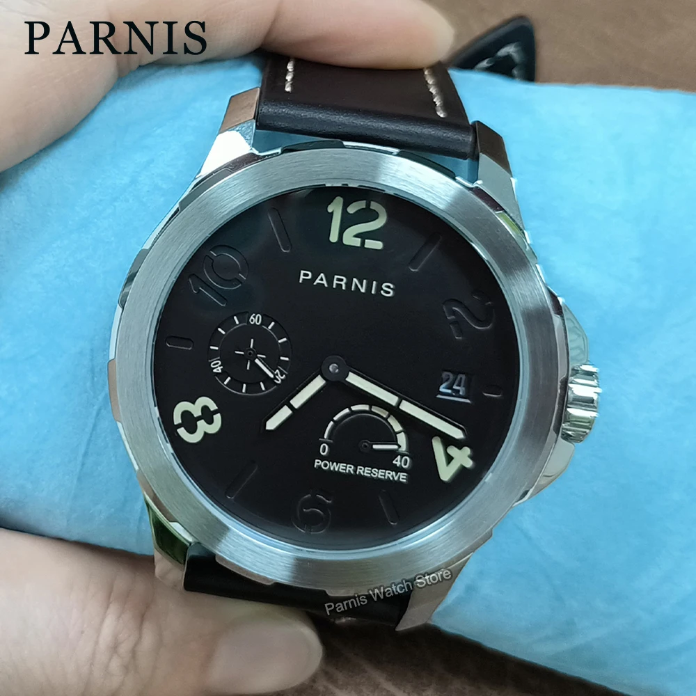 Parnis 44mm Silver Case Brown Numbers Black Dial Automatic Mechanical Men Watch Power Reserve Indicator Sapphire Crystal Watch
