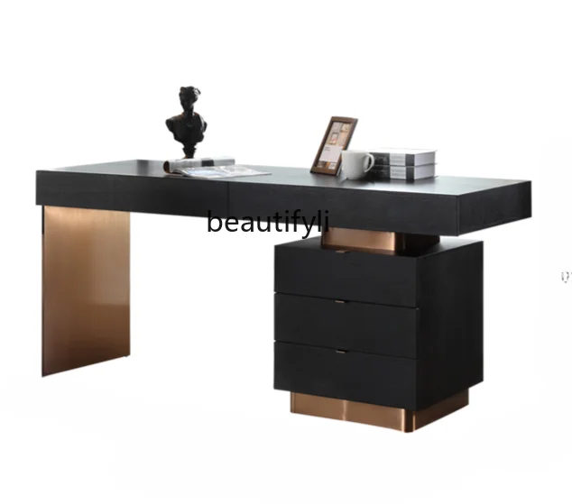 

Post-Modern Light Luxury Stainless Steel Simple Study Smoked Wood Model Room Villa Italian Minimalist Desk