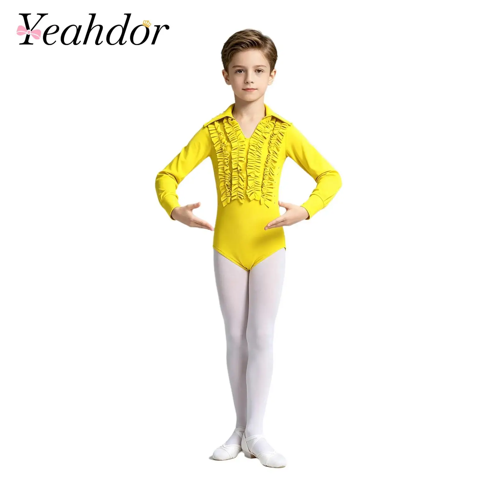 Kids Boys Latin Dance Outfit Turn-down Collar Ruffles Rhinestone Salsa Dancing Leotard with Pants for Rumba Tango Performance
