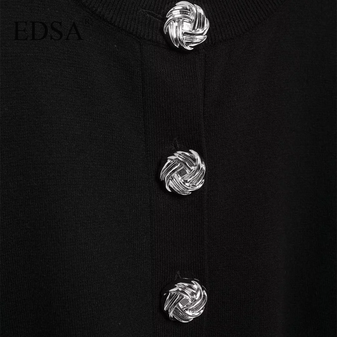 EDSA Women Black Cropped Knit Cardigan with Large Buttons Round Neck Long Sleeves Ribbed Cuffs Autumn Knitted Sweater Coat