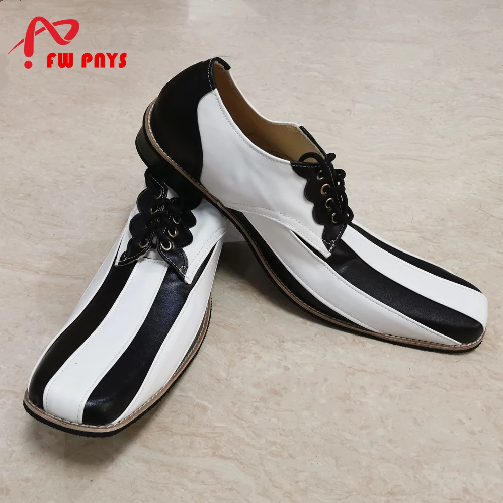 36cm PU B‌lack White Pointed Toe Clown Shoes For Adults Free Size Club Circus Favors Joker Shoes Anime Halloween Carnival Party