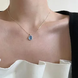 VOQ Silver Color Oval Aquamarine Pendant Necklace Ladies Girls Luxury Snake Chain Necklace Fashion Jewelry