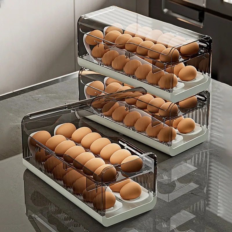 

Large Capacity Refrigerator Egg Storage Box Automatic Scrolling Egg Holder Household Kitchen Roll off Egg Storage Rack