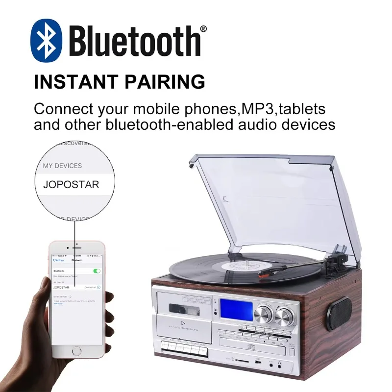 مشغل قرص دوار 3 سرعات AM FM راديو BT USB كاسيت CD جراموفون مشغل سجلات الفينيل مع مكبرات صوت خارجية #3