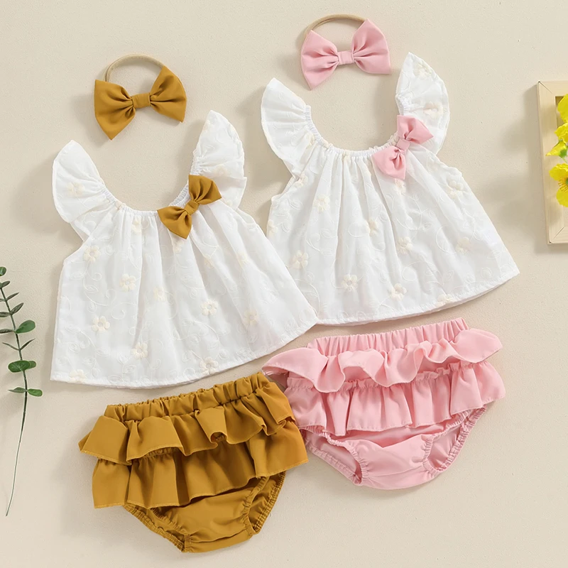 Tregren 0-18M Infant Newborn Baby Girls Summer Shorts Sets Flying Sleeve Daisy Print Tops Tiered PP Shorts Headband Sets