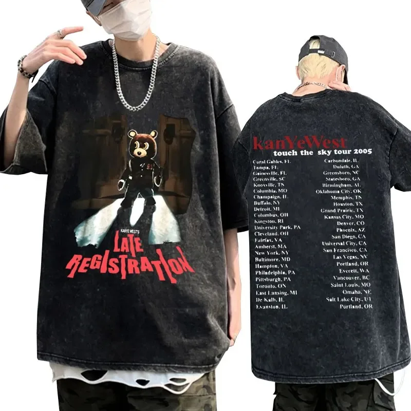 Rapper Kanye West Late Registration Tour 2005 T-shirt Men Women Hip Hop High Street Wash Vintage T-shirts Man Oversized T Shirt