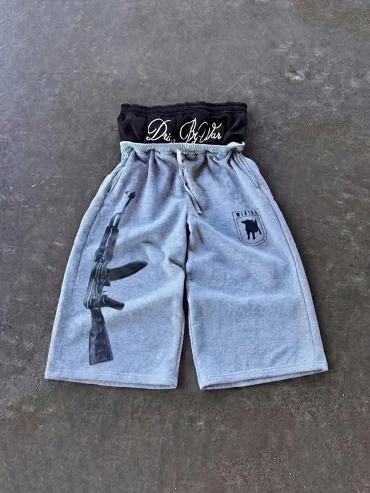 Men's Summer Dual Waist Wide Leg Sweat Shorts Grey Black A-K Prints Drawstring Casual Gym Y2K Streetwear Trendy Daily Loose Fit