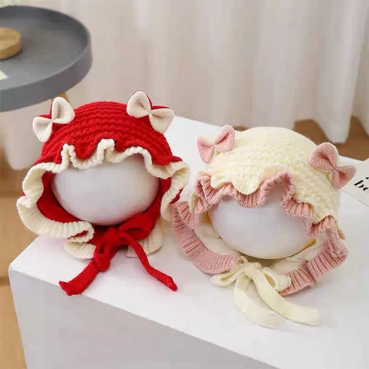 لطيف القوس طفلة الشتاء قبعة لينة محبوك كشكش الرضع الطفل حماية الأذن سميكة الدافئة يندبروف طفل إيرفلاب قبعة صغيرة