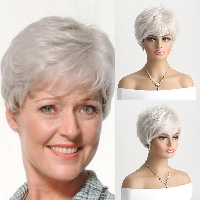 Hot-selling on AliExpress for foreign trade: women's silver-white short wig with side-swept, slightly upturned bangs