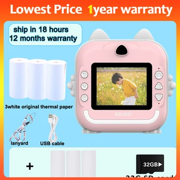 Kids instant camera 2.4 inch HD IPS screen lanyard instant printer digital camera with light ear Christmas birthday gifts