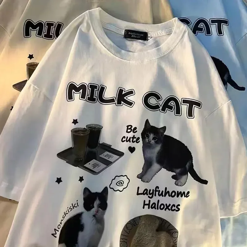 Harajuku Cute Cat Graphic Print T-shirt Women Streetwear Fashion Top Y2k Aesthetic Cheap Women Clothing Tshirts