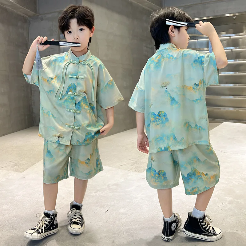 Boys' short-sleeved set 2024 summer new CUHK children's summer wear boys Chinese style trendy summer T-shirt