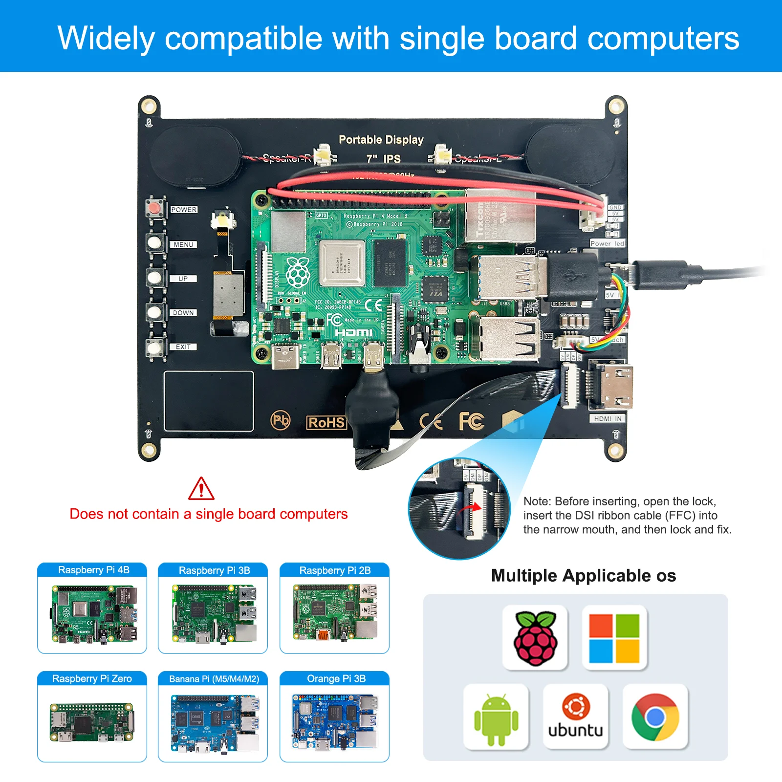 Raspberry Pi 7 Inch Touch Screen IPS 1024x600 HD LCD HDMI- Display for TV RPI 4B 3B+ 3B PC Secondary Screen Portable Monitors