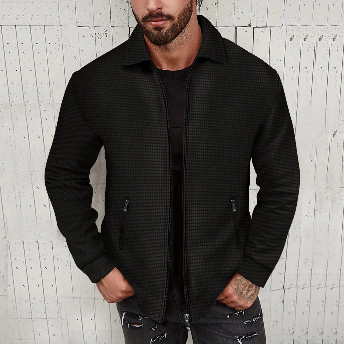 New Men's Slim Fit Jacket Solid Color Long Sleeve Zipper Cardigan Tops Spring Autumn Casual Polo Collar Waffle Jackets Coat 2024